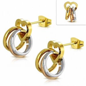 Piercing Street Paire Boucles d'oreille acier inoxydable dore coeur triple anneaux - Dore