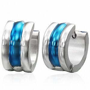 Piercing Street Paire boucles d'oreilles homme anneaux centre bleu - Argente