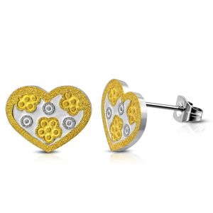 Piercing Street Paire Boucles d'oreille acier inoxydable coeur bicolore motif floral - Argente