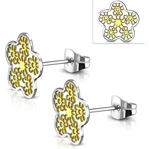 Piercing Street Paire Boucles d'oreille acier inoxydable fleur a decoupe bicolore - Argente