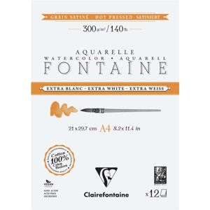 Papier aquarelle Fontaine Extra-Blanc grain satiné Clairefontaine, Bloc collé 2 côtés - 21 x 29,7 cm (A4), 12 feuilles, 300 g/m², Bloc collé 2 côté... Publicité Papier aquarelle Fontaine Extra-Blanc grain satiné Clairefontaine, Bloc collé 2 côtés - 21 x 29,7 cm (A4), 12 feuilles, 300 g/m², Bloc collé 2 côté... Publicité
