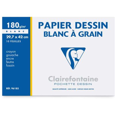 Pochette papier dessin à grain Clairefontaine, 29,7 cm x 42 cm, A3 - 29,7 x 42 cm - 180 g/m² - 10 feuilles, Lisse Rugueux, 180 g/m² - Publicité Pochette papier dessin à grain Clairefontaine, 29,7 cm x 42 cm, A3 - 29,7 x 42 cm - 180 g/m² - 10 feuilles, Lisse Rugueux, 180 g/m² - Publicité