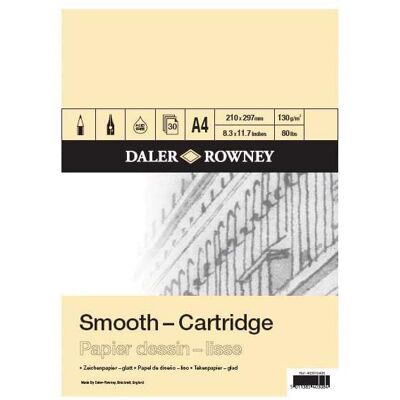 Papier dessin cartridge Daler-Rowney, A4, 21 cm x 29,7 cm, 130 g/m², Fin, Bloc collé 1 côté 30 feuilles - Publicité Papier dessin cartridge Daler-Rowney, A4, 21 cm x 29,7 cm, 130 g/m², Fin, Bloc collé 1 côté 30 feuilles - Publicité