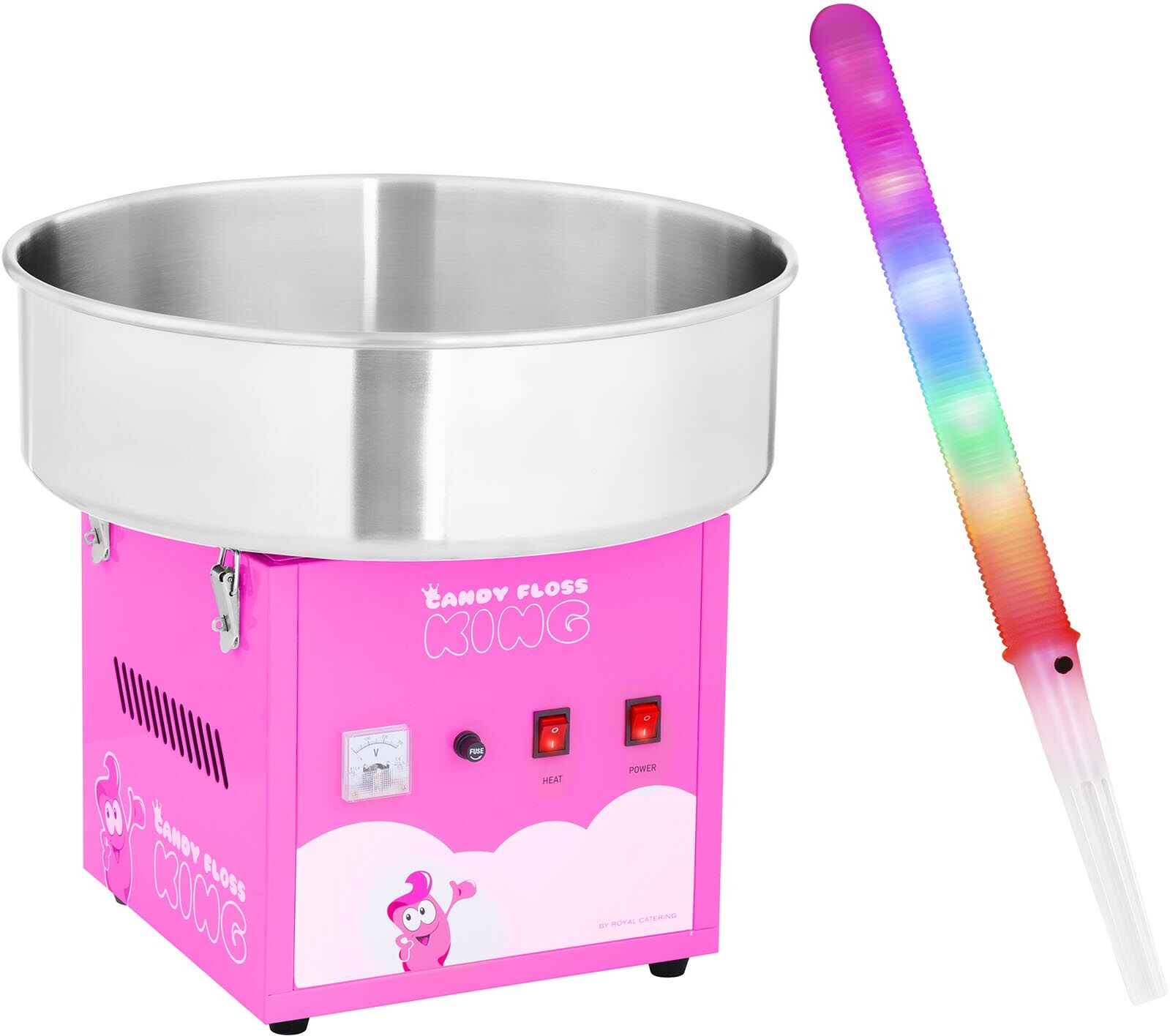 Royal Catering Machine à barbe à papa avec bâtonnets LED - 52 cm - 1200 W - 50 unités - Rose RCZK-1200-R SET2