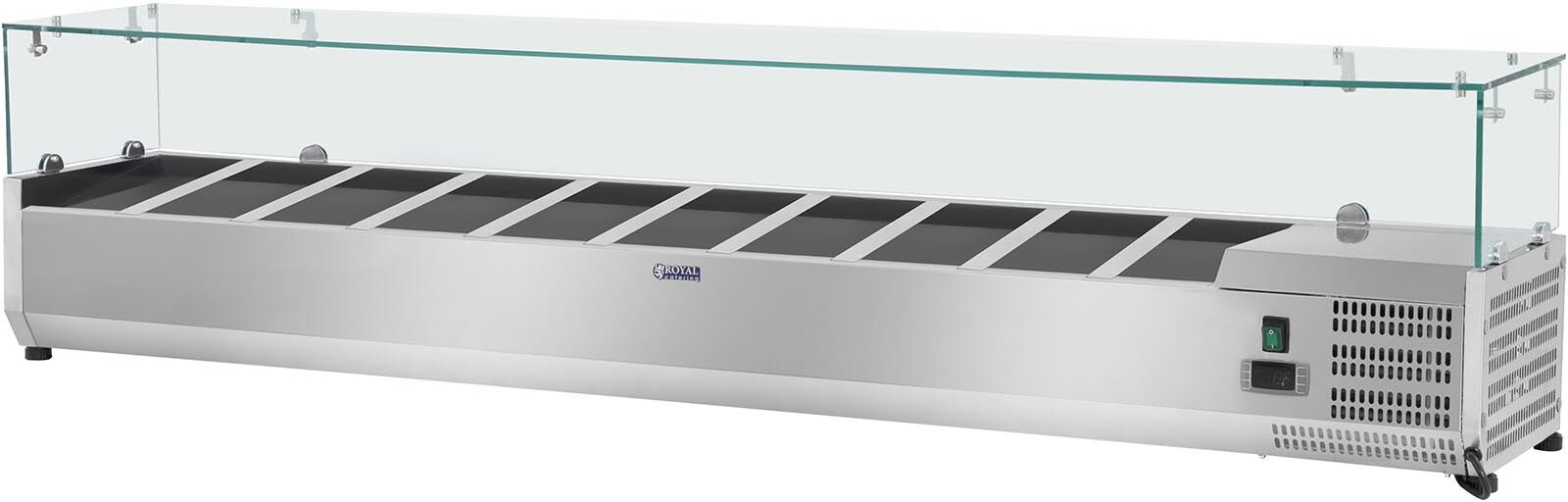 Royal Catering Saladette à poser - 200 x 33 cm - 10 bacs GN 1/4 - Couvercle en verre RCKV-200/33-10 Royal Catering Saladette à poser - 200 x 33 cm - 10 bacs GN 1/4 - Couvercle en verre RCKV-200/33-10