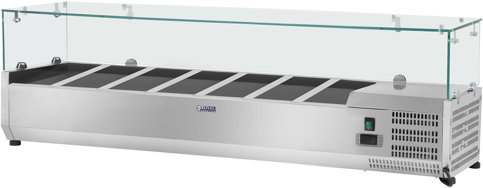 Royal Catering Saladette à poser - 150 x 33 cm - 7 bacs GN 1/4 - Couvercle en verre RCKV-150/33-7 Royal Catering Saladette à poser - 150 x 33 cm - 7 bacs GN 1/4 - Couvercle en verre RCKV-150/33-7
