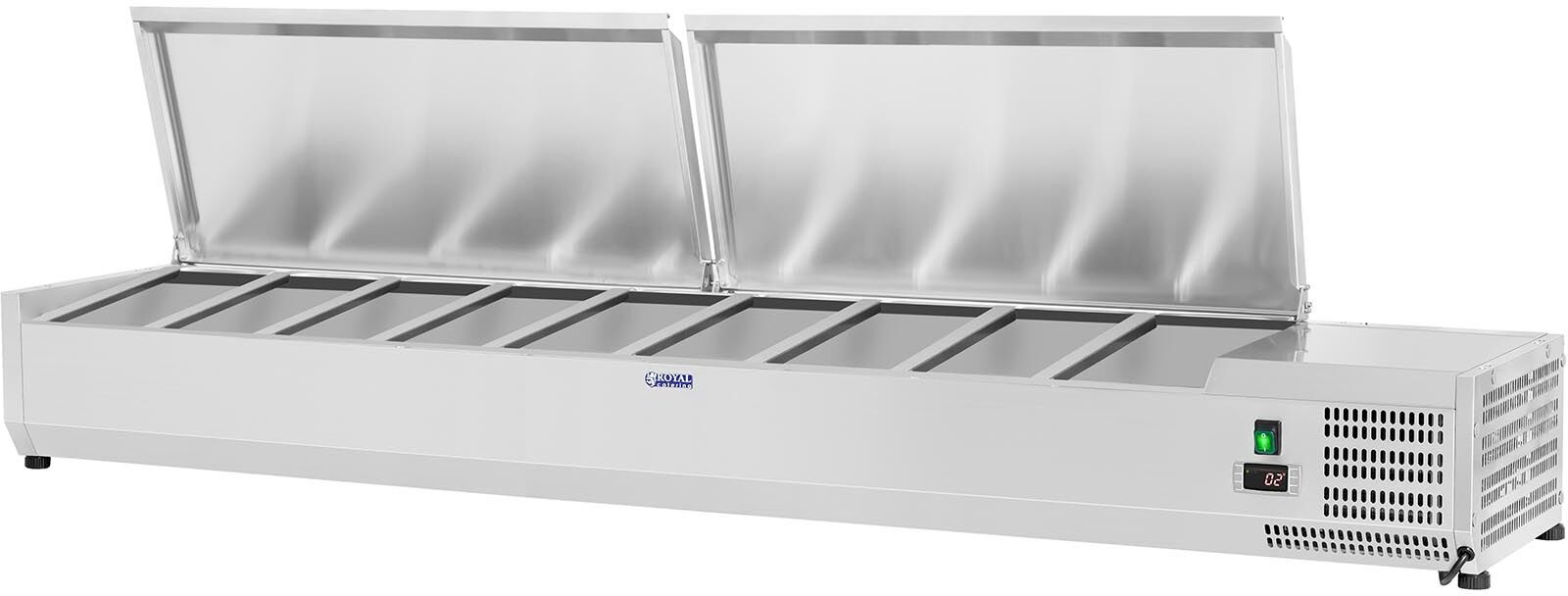 Royal Catering Saladette à poser - 180 x 33 cm - 9 bacs GN 1/4 RCKV-180/33-9S Royal Catering Saladette à poser - 180 x 33 cm - 9 bacs GN 1/4 RCKV-180/33-9S