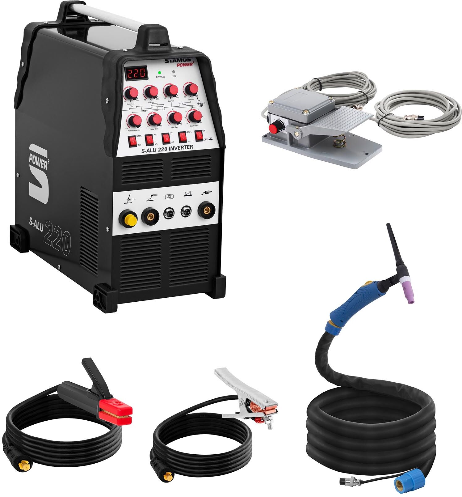 Stamos Power ² Set d'équipement de soudage Poste à souder aluminium - 200A - 230V- Temps 2/4 + Pédale - S-ALU-220 Stamos Power ² Set d'équipement de soudage Poste à souder aluminium - 200A - 230V- Temps 2/4 + Pédale - S-ALU-220