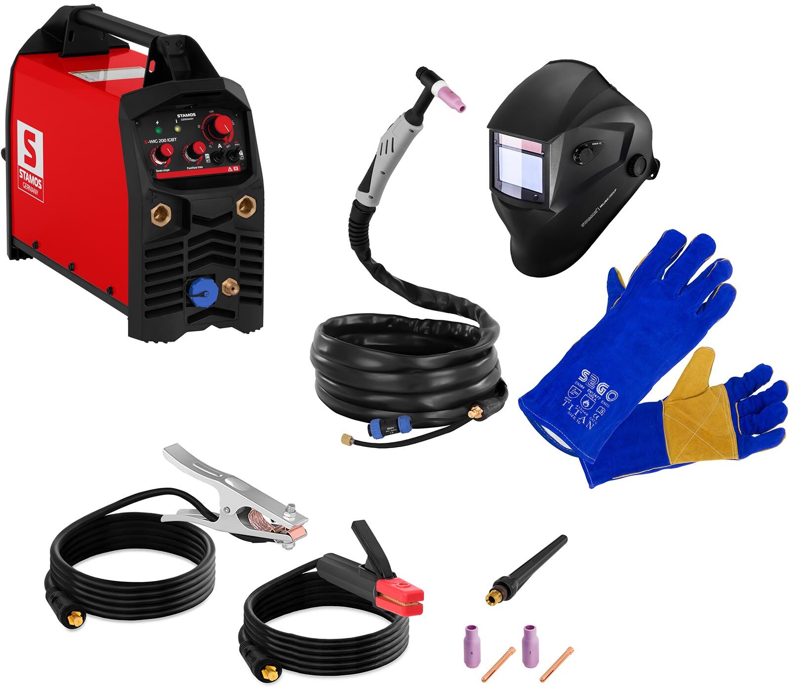 Stamos Germany Set poste à souder TIG, masque de soudure LEGEND et gants de soudure - 200 A - IGBT S-WIG 200 IGBT SET3 Stamos Germany Set poste à souder TIG, masque de soudure LEGEND et gants de soudure - 200 A - IGBT S-WIG 200 IGBT SET3