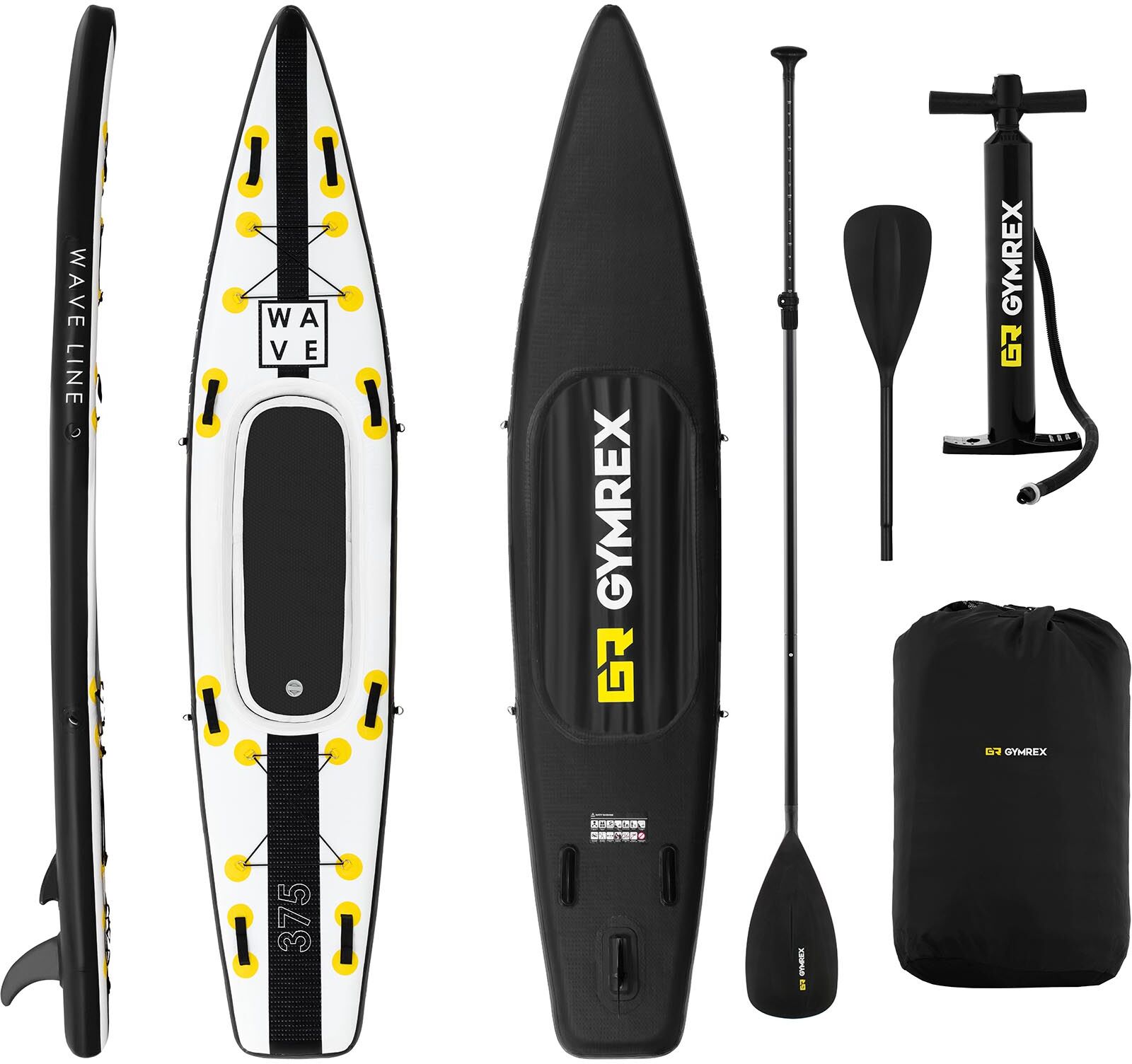 Gymrex Stand up paddle gonflable - 120 kg - Noir/jaune - Kit incluant pagaie, siège et accessoires GR-SPB375 Gymrex Stand up paddle gonflable - 120 kg - Noir/jaune - Kit incluant pagaie, siège et accessoires GR-SPB375
