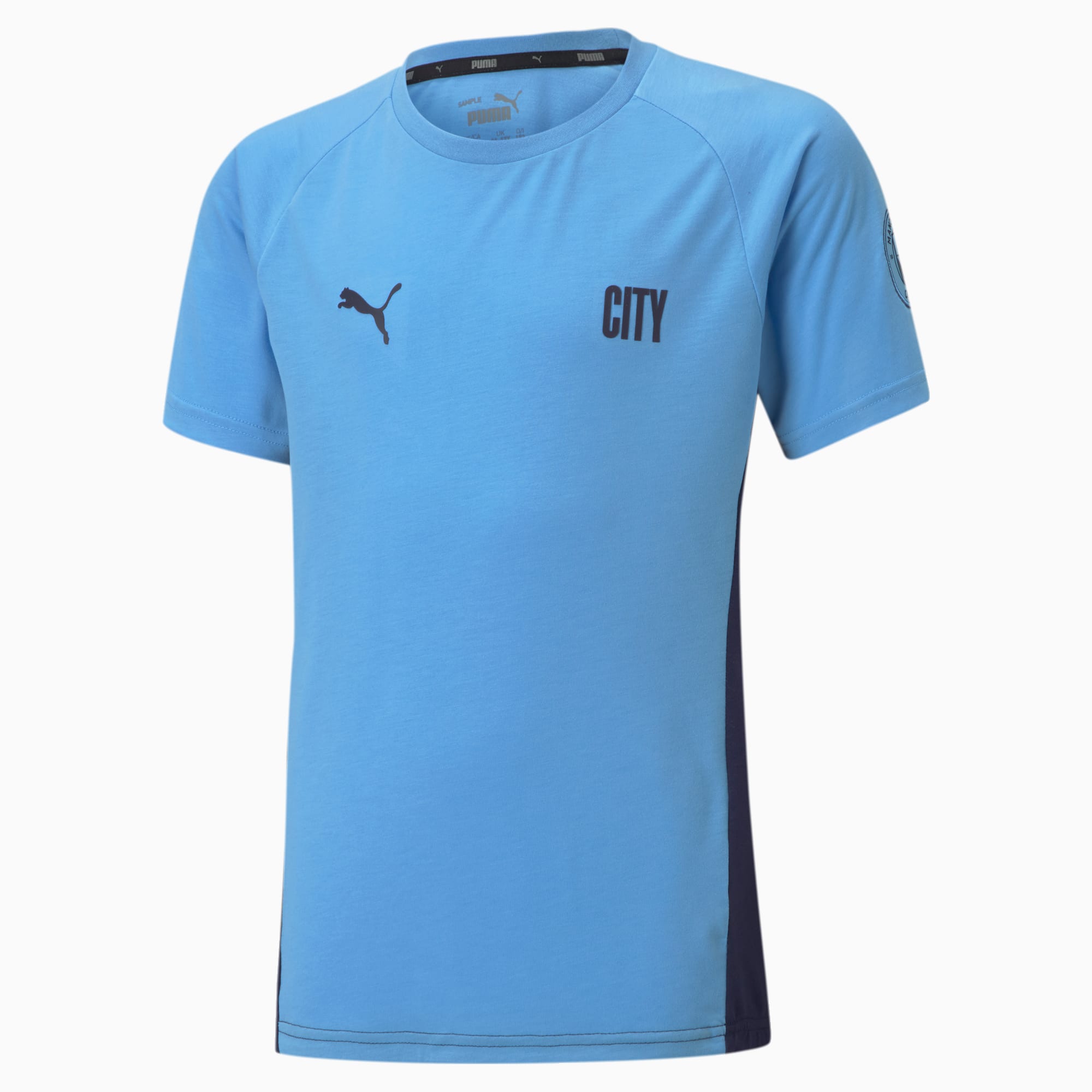 PUMA T-Shirt de football Man City Evostripe enfant et adolescent, Bleu, Taille 140, Vêtements
