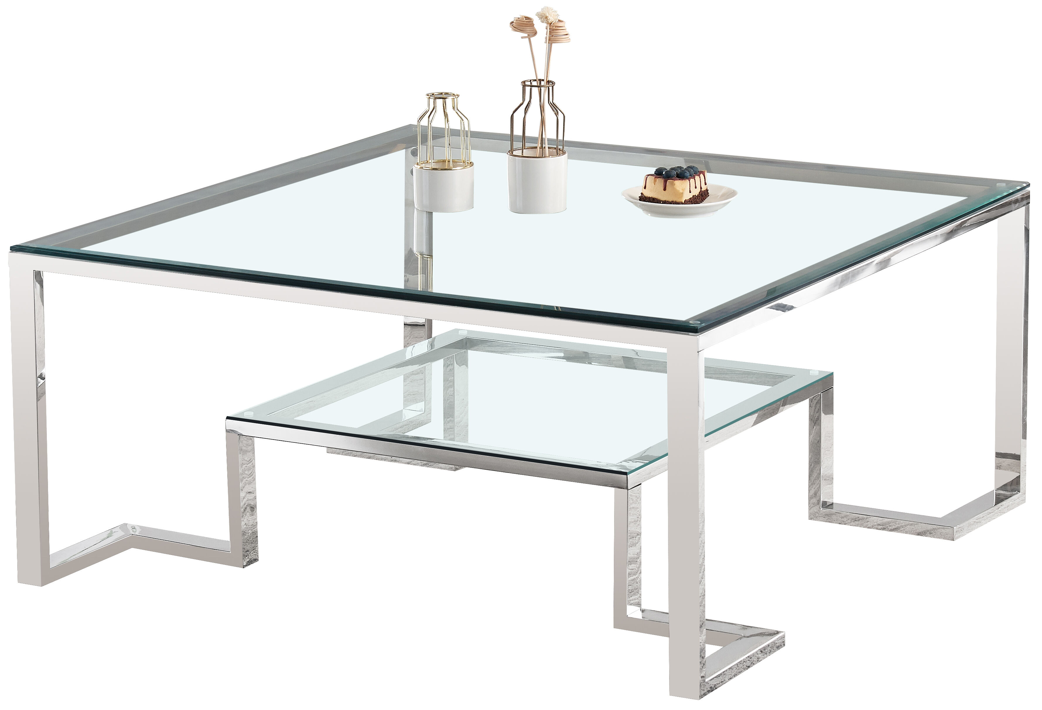 VIVENLA Table basse design en acier argenté avec plateau en verre transparent L.100 x P.100 x H.40 cm collection BORIS  - Gris, Transparent