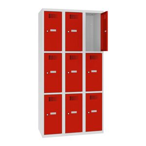Axess Industries vestiaire 9 cases  3 colonnes corps gris perle et portes rouge