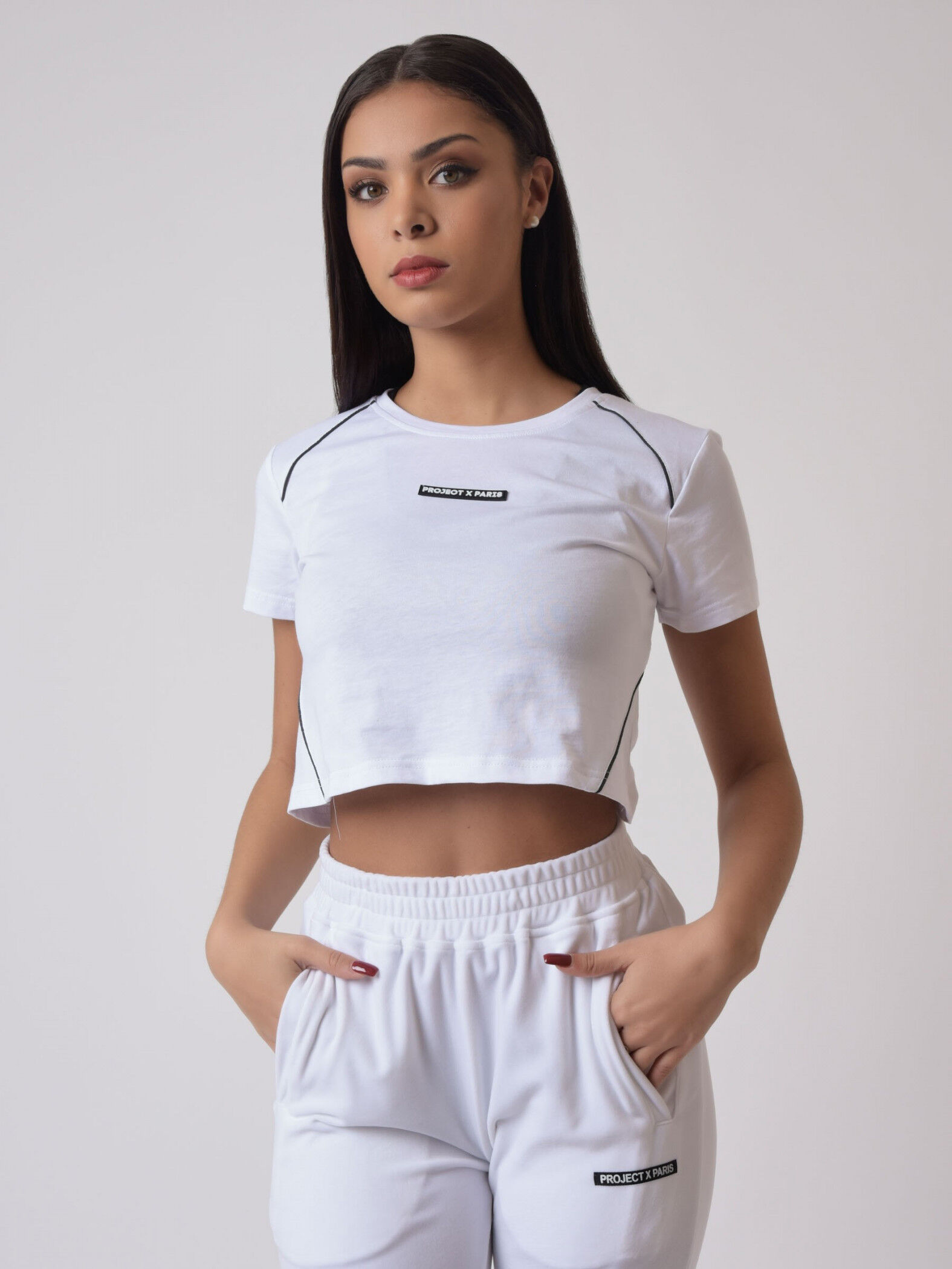 Project X Paris T-shirt crop avec pipings contrastés et logo silicone - Couleur - Blanc, Taille - L