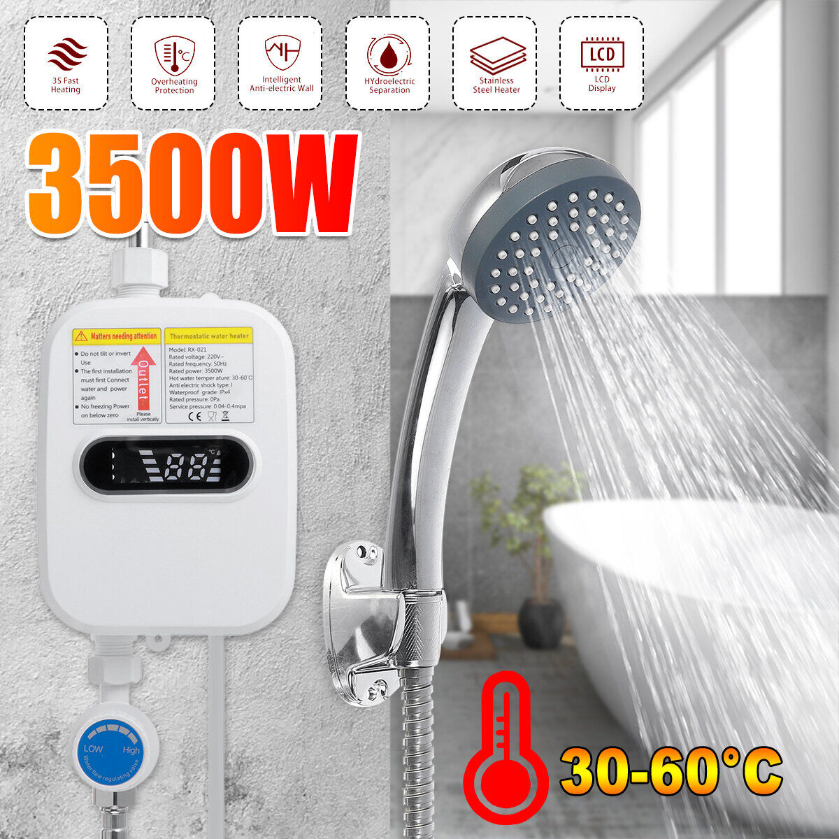 Banggood [EU Direct] 3500W 220V Mini chauffe-eau électrique chaud sans réservoir ménage robinet de salle de bain avec pommeau de