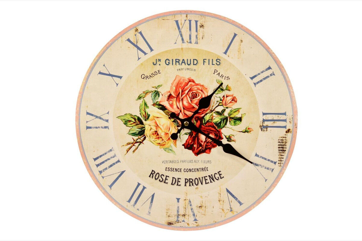 Décoration d'fois Horloge Ancienne Murale Rose de Provence 34cm - Bois - Blanc