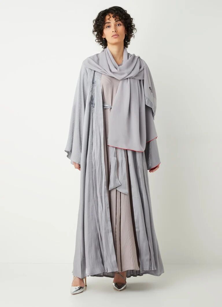 BYLIMA Abaya avec strass et écharpe - Gris clair - Publicité