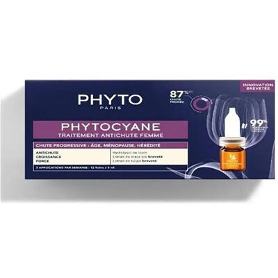 Traitement Anti-Chute Phyto Phytocyane pour Femmes - 12 Ampoules 5ml - Publicité Traitement Anti-Chute Phyto Phytocyane pour Femmes - 12 Ampoules 5ml - Publicité