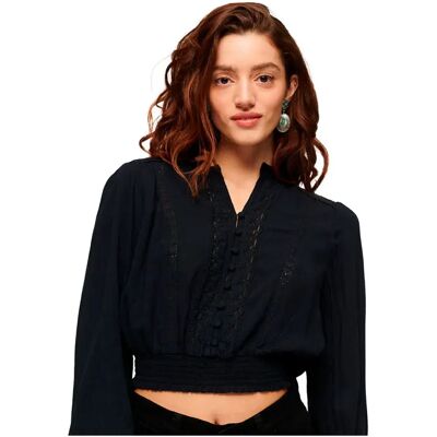 Superdry Chemisier à Manches Longues Lace Trim Smocked Eclipse Navy L Femme - Publicité Superdry Chemisier à Manches Longues Lace Trim Smocked Eclipse Navy L Femme - Publicité