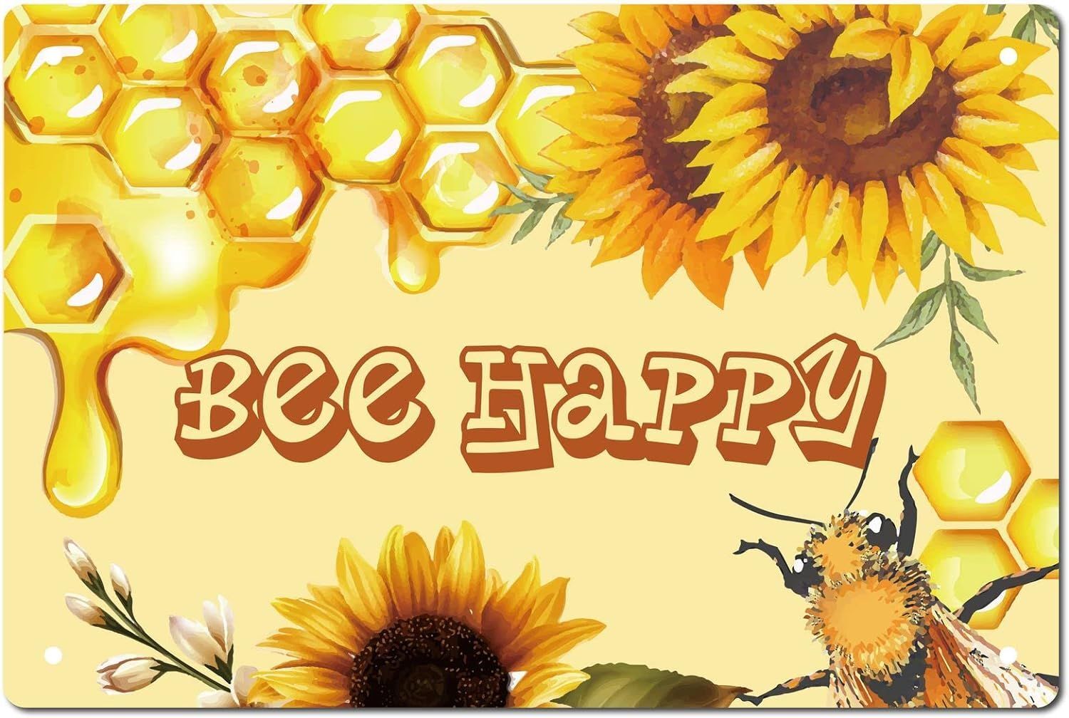 Bee Happy Sign Tournesols M¿¿tal Tin Signs Vintage Rustic Wall Art Decor Garden House Plaque Poster Artwork Gift for Home Farm Garden Kitchen Coffee Office Garage Decoration 12 x 8Inch