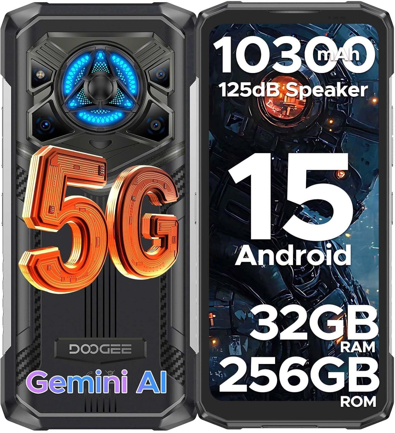 DOOGEE Blade 20 Play Telephone Portable Incassable 5G 32GB+256GB 10300mAh/33W Android 15 Smartphone Incassable 125dB Speakers Effet Lumière LED Smartphone Caméra 50MP/WIFI6/NFC/Face ID - Noir