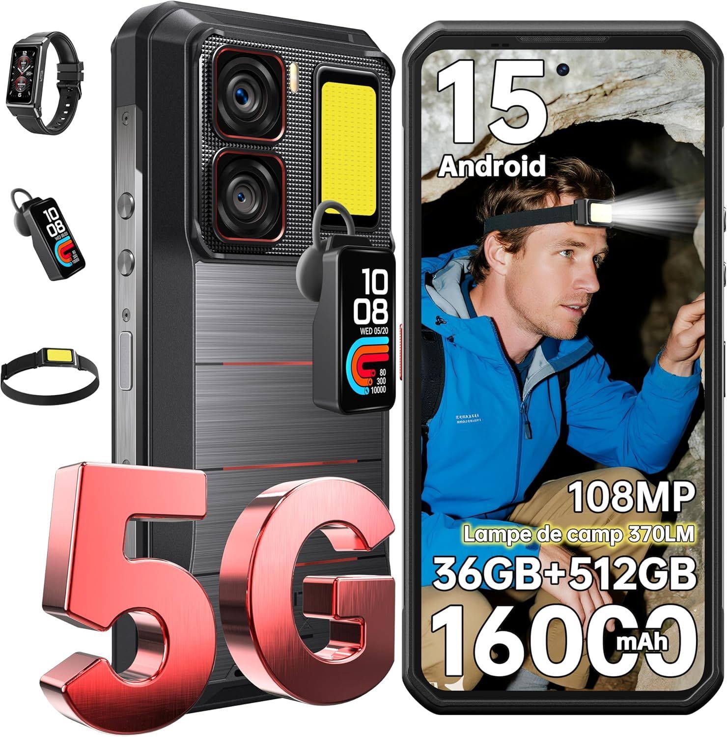 OUKITEL WP300 5G Telephone Portable Incassable Android 15-36Go RAM+512Go ROM/2TB 16000mAh/45W 6.8 FHD+ 120Hz 108MP+32MP Smartphone Incassable Phare Avant 370lm+Écouteurs/Montre avec Écran/NFC Noir