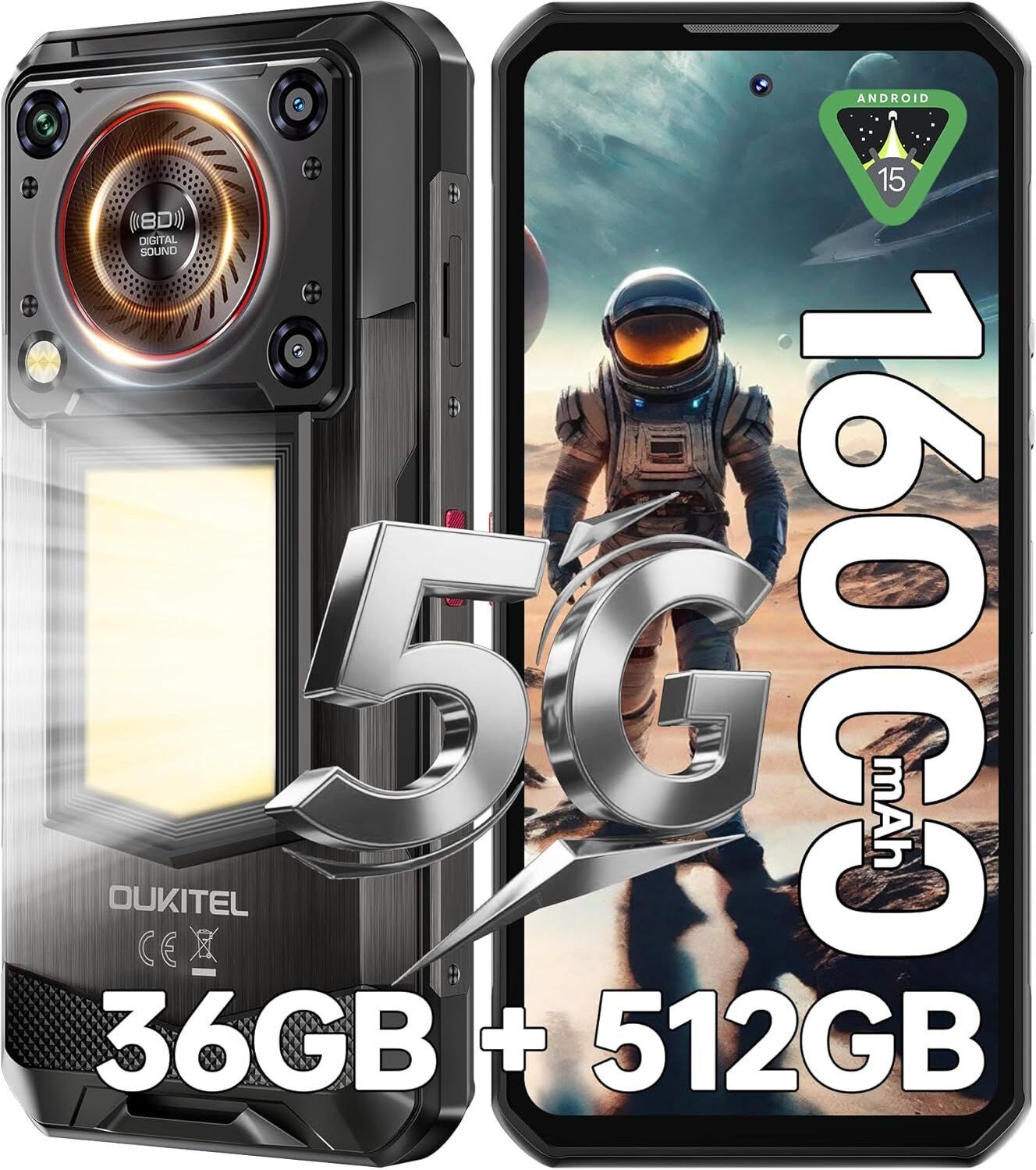 OUKITEL WP56 5G Telephone Portable Incassable Android 15, 36Go RAM+512Go ROM/2To, Smartphone Incassable16000mAh/45W, 128dB Haut-Parleur, 6.8FHD+/120Hz, Camping 1000LM, Caméra 108MP, NFC/OTG/Dual SIM