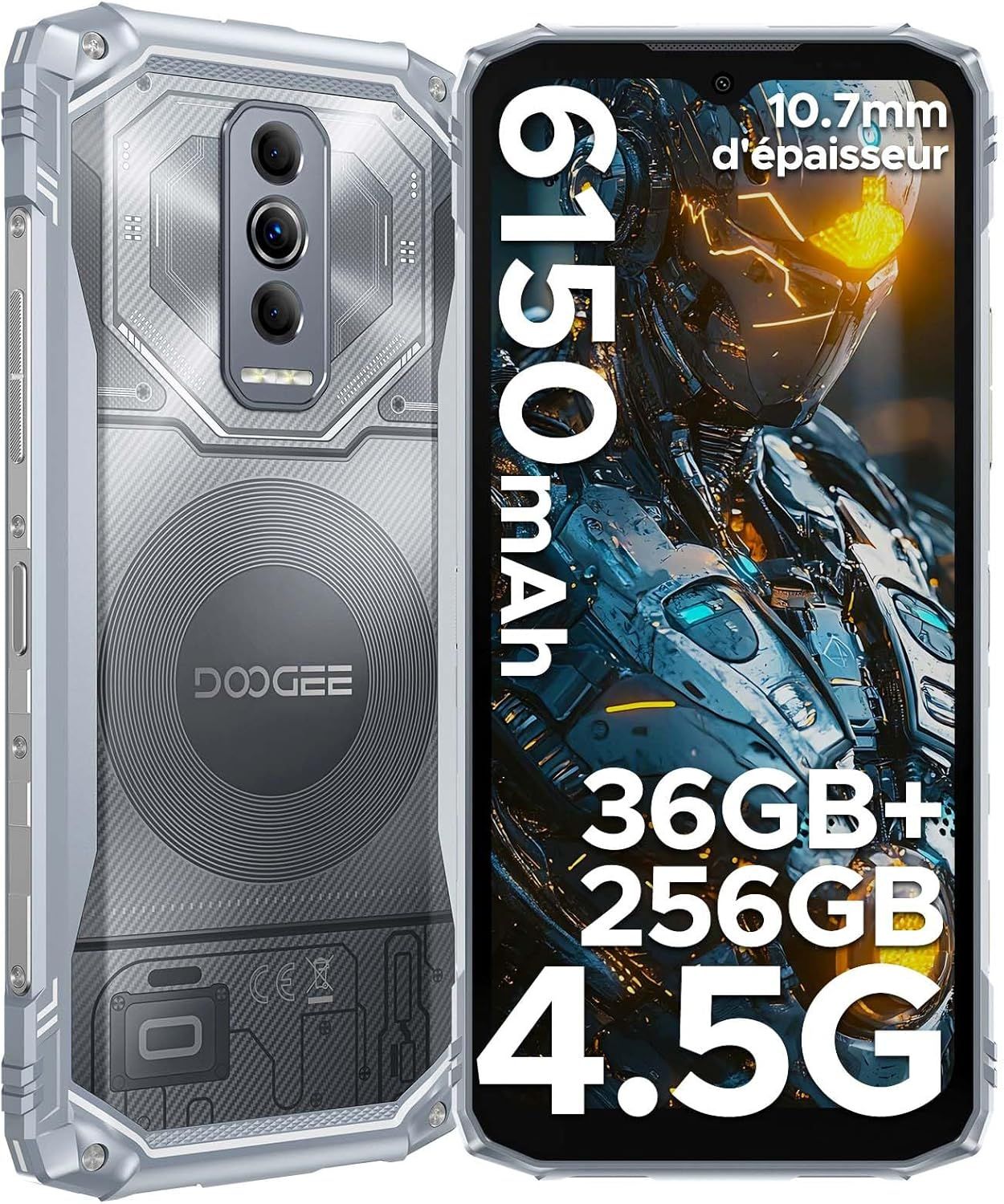 DOOGEE Blade 10 Ultra Energy Smartphone Incassable 36GB+256GB 6150mAh Écran 6.56 HD+ IPS Smartphone Android 15 Dural SIM/NFC Argent
