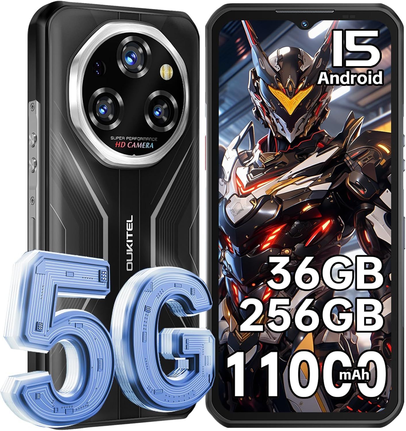 OUKITEL WP55 5G Telephone Portable Incassable Android 15 2025, 36GO+256GO/2TO Smartphone Incassable, 11000mAh/33W, 6.6 FHD+ 120Hz, 108MP+32MP Caméra, Dual SIM/NFC/Face ID, Telephone de Chantier Noir