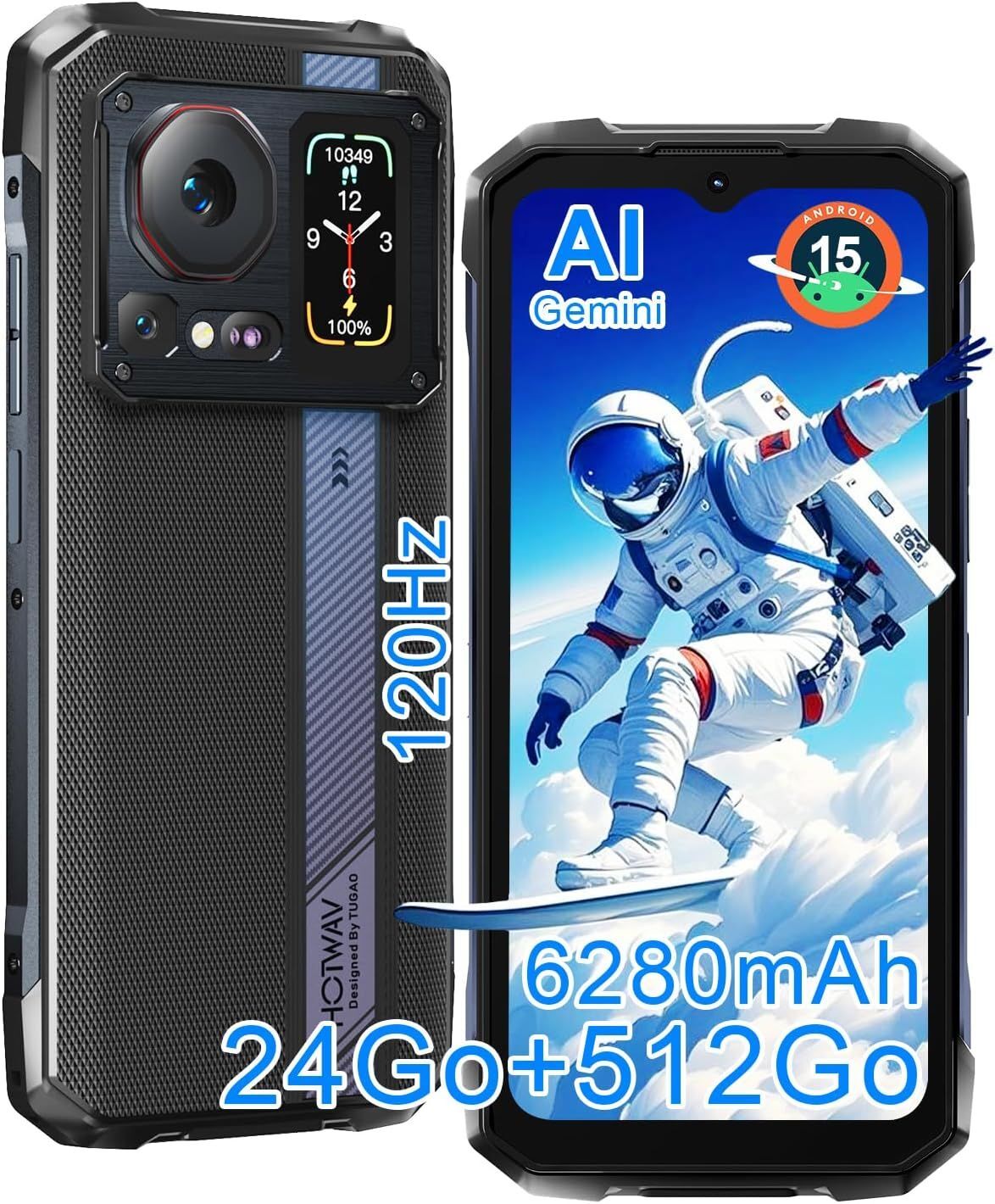 HOTWAV Cyber 16 Pro T¿¿l¿¿phone Portable Incassable, 24Go+512Go/TF 2To, Batterie 6280mAh, 108MP+32MP Cam¿¿ra, ¿¿cran 6.6