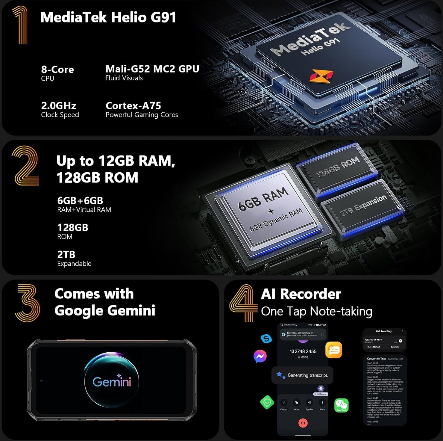 Ulefone Armor X16 Telephone Portable Incassable Android 15, 12Go+128Go/SD-2TB 10360mAh Smartphone Incassable 48MP+16MP+20MP Vision Nocturne, 6,56
