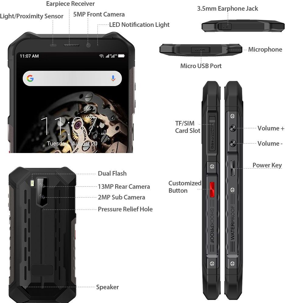 Smartphone Incassable Android 8.1 Téléphone Antichoc 5.5 Pouces 2Go + 16Go Noir + SD 8Go YONIS