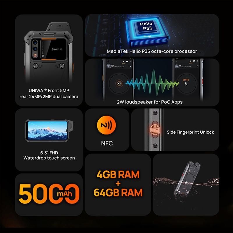 Smartphone Antichoc Étanche 4GB+64GB Android 11 Batterie 5000mAh 6.3 Pouces Orange YONIS