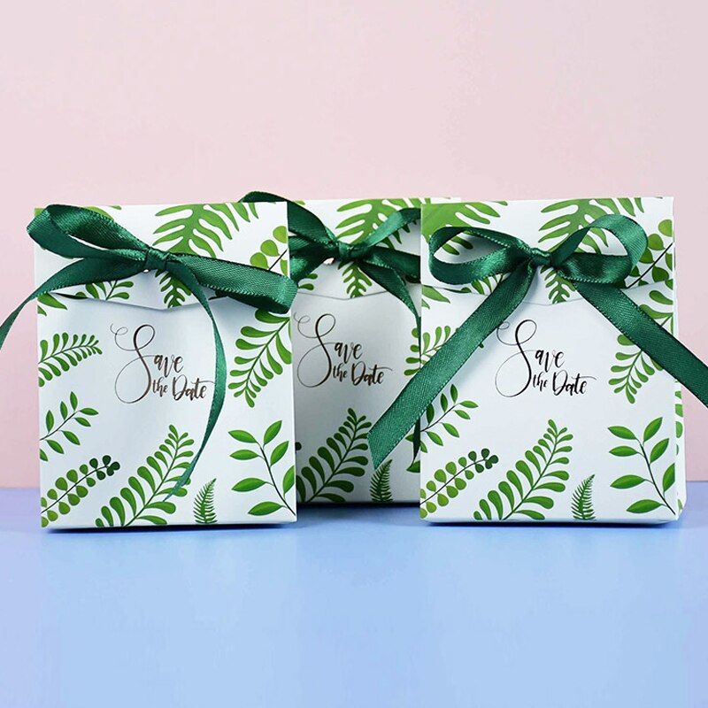 10 pièces nouvelles feuilles vertes boîte à bonbons faveur de mariage sacs cadeaux pour fête d'anniversaire bébé douche papier boîtes de chocolat paquet cadeaux