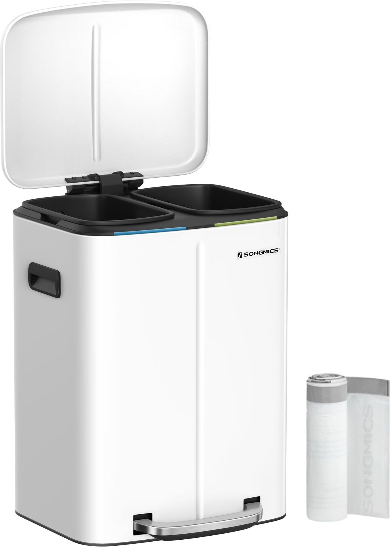 Songmics Poubelle de cuisine 2 x 20L, Poubelle à 2 compartiments, Pédale en métal, Seaux Intérieurs en plastique, Couvercles à fermeture en douceur, Blanc