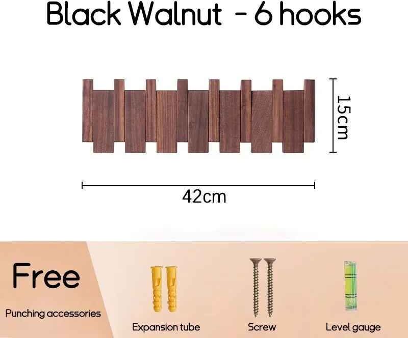Cintre Mural En Bois Massif T1 Avec Crochets,Meubles Ds Pour Porte D'entrée,Porte-Vêtements,Décoration D'intérieur - Type Black Walnut 6 Hooks