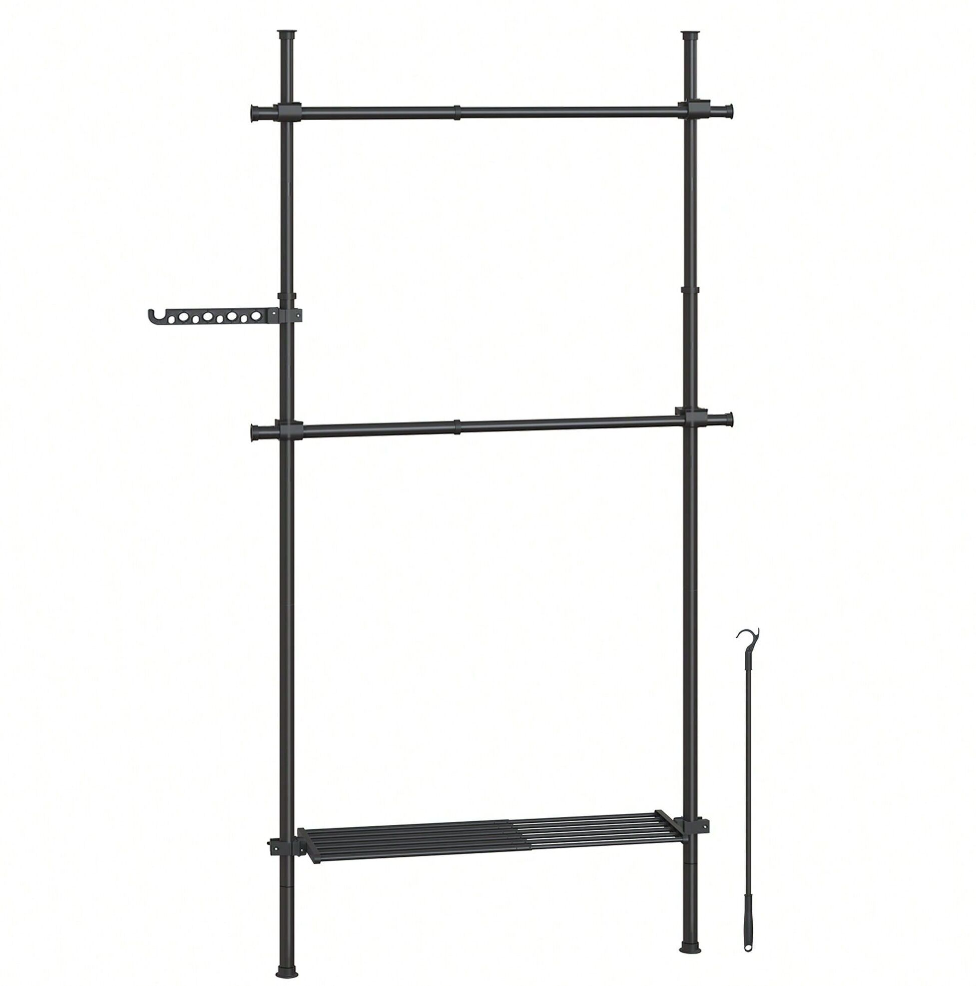 Songmics Portant À Vêtement Du Sol Au Plafond, Rangement 3 Niveaux, Étagère Extensible, Bras De Support Pliable, Barres Télescopiques, Noir Mat