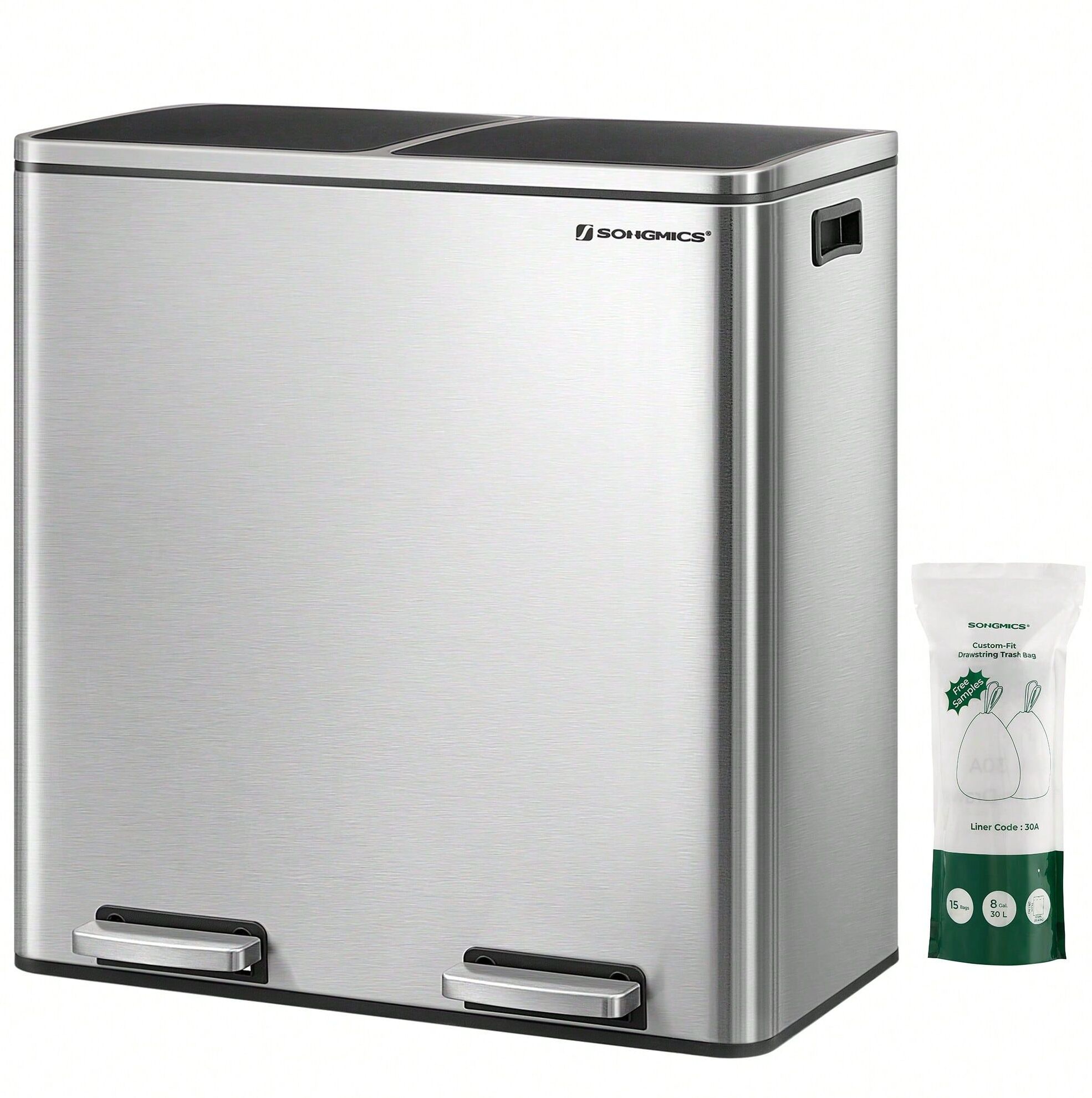 Songmics Poubelle à double compartiment 2 x 30L, avec 15 Sacs Poubelles, Pédales en métal