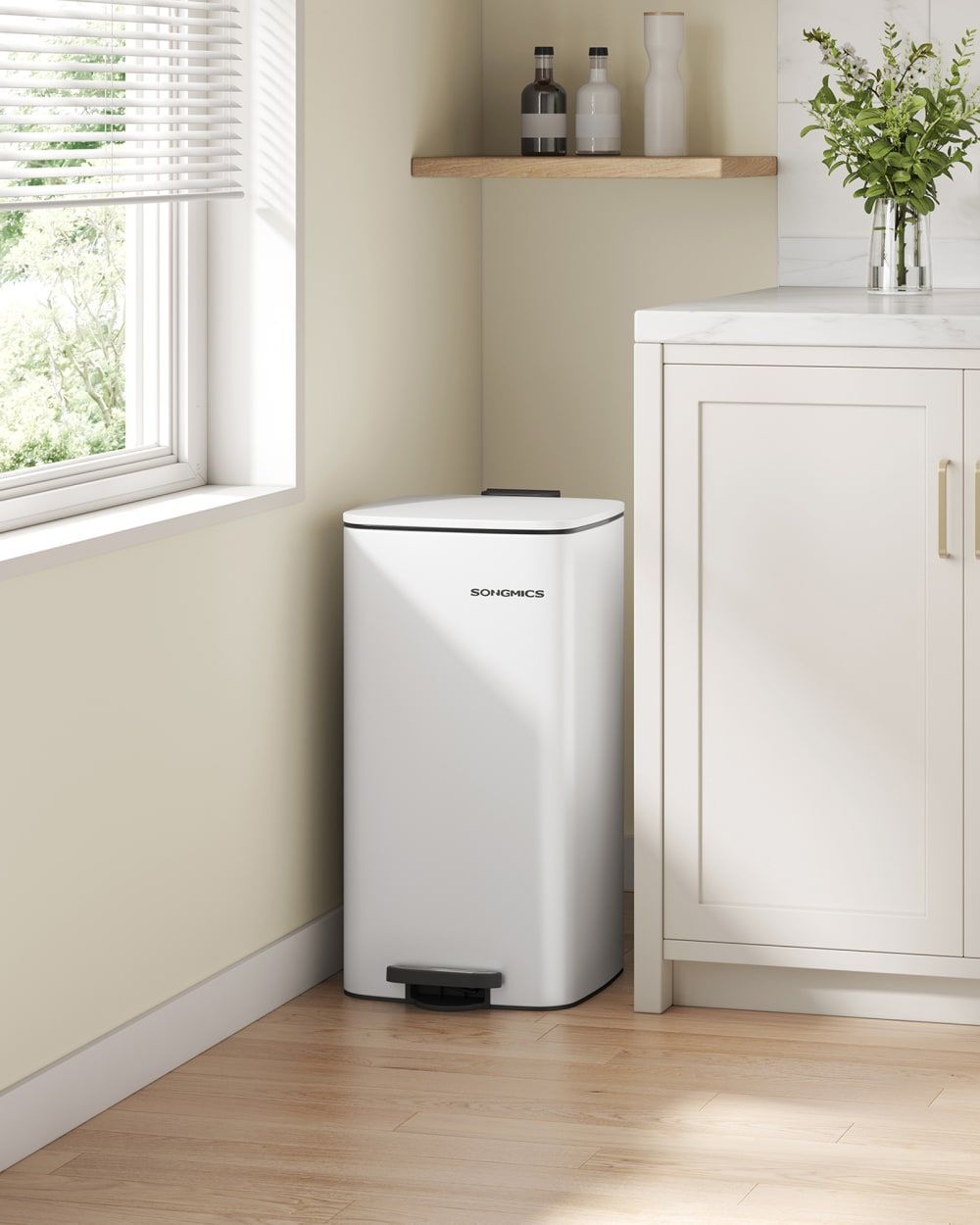 Songmics Poubelle de cuisine 30 l en acier avec seau intérieur blanc nuage