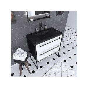 Meuble De Salle De Bain 80x50 Cm Noir Mat - 2 Tiroirs Blanc - Vasque Résine Noire Effet Pierre - Publicité Meuble De Salle De Bain 80x50 Cm Noir Mat - 2 Tiroirs Blanc - Vasque Résine Noire Effet Pierre - Publicité