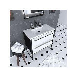 Aurlane Meuble de salle de bain 80x50cm NOIR MAT - 2 tiroirs blanc - vasque blanche - STRUCTURA F034 - Publicité Aurlane Meuble de salle de bain 80x50cm NOIR MAT - 2 tiroirs blanc - vasque blanche - STRUCTURA F034 - Publicité