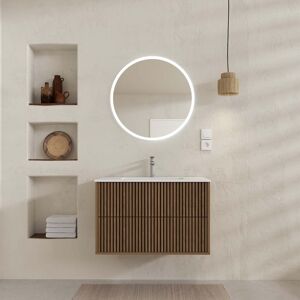 Meuble Salle De Bains Yuki 60 2 Tiroirs Décor Chêne Et Noir - Vasque Blanche - Miroir Led Ø60 - Publicité Meuble Salle De Bains Yuki 60 2 Tiroirs Décor Chêne Et Noir - Vasque Blanche - Miroir Led Ø60 - Publicité