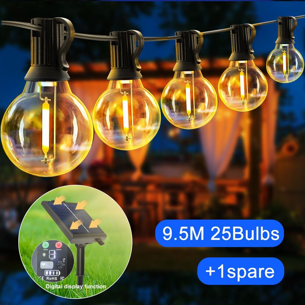 Guirxiété Lumineuse Solaire G40,10m,20 Ampoules,avec Télécommande,pour l'Extérieur,Jardin - Type 9.5M 25Bulbs