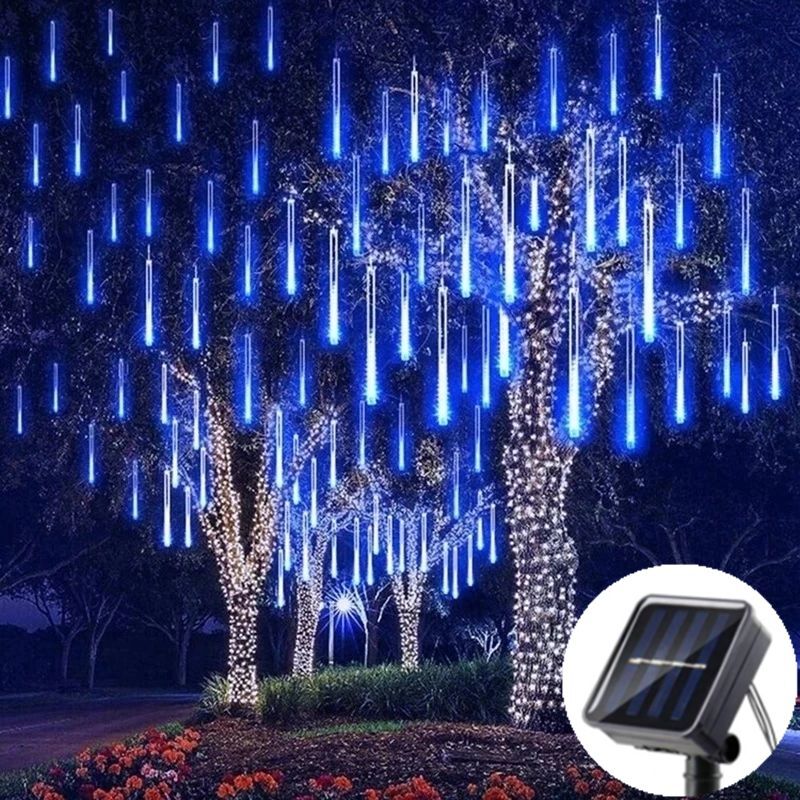 Guirxiété Lumineuse Solaire Étanche à 8 Tubes 144 LED,Décoration de Noël,Mariage,Pluie de Météores,Vacances - Type Solar-Blue-50cm-8 tubes