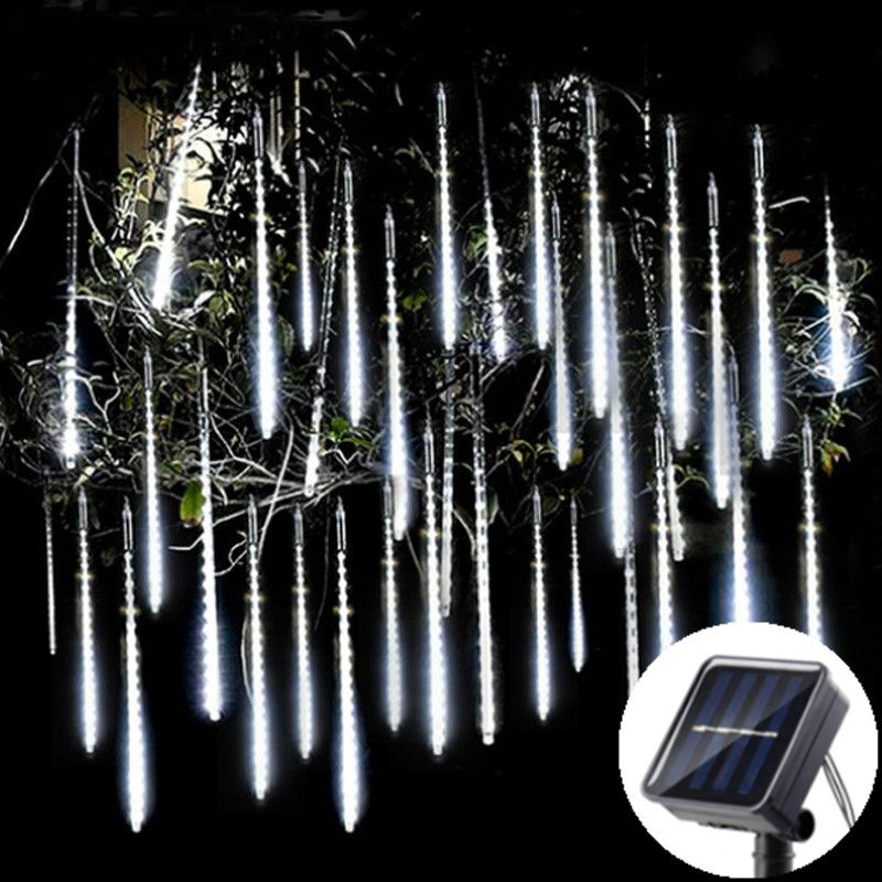 Guirxiété Lumineuse Solaire Étanche à 8 Tubes 144 LED,Décoration de Noël,Mariage,Pluie de Météores,Vacances - Type Solar-White-30cm-8 tubes
