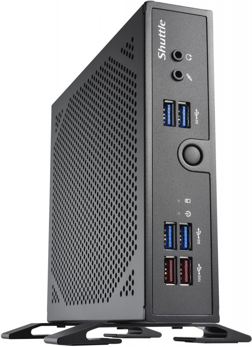 Shuttle XPC slim Barebone DS50U, Intel Celeron 7305, 2x LAN (1x 2.5Gbit ,1x 1Gbit), 1xCOM,1xHDMI,1xDP, 1x VGA, fanless, fonctionnement permanent 24/7. Type de châssis: 1,3L mini PC, Type de produit: Mini PC type barebone. Type de BIOS: UEFI AMI. Types de mémoire pris en charge: DDR5-SDRAM, Nombre de logements pour mémoire: 2, Mémoire interne maximale: 64 Go. Types de lecteurs de stockage pris en charge: HDD & SSD, D'interface pour unité de stockage: PCI Express, Série ATA III. Nombre de port ethernet LAN (RJ-45): 2. Type de refroidissement: Passif. Alimentation d'énergie: 90 W image