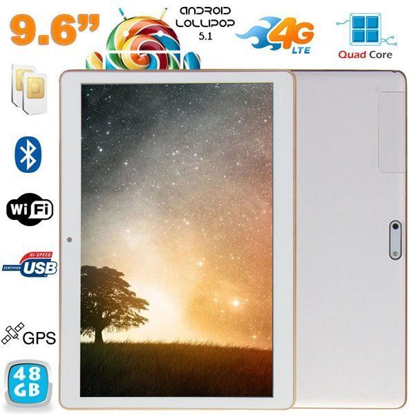 Yonis Tablette 4G Android Lollipop 9.6 pouces Dual SIM Quad Core 48Go Blanc