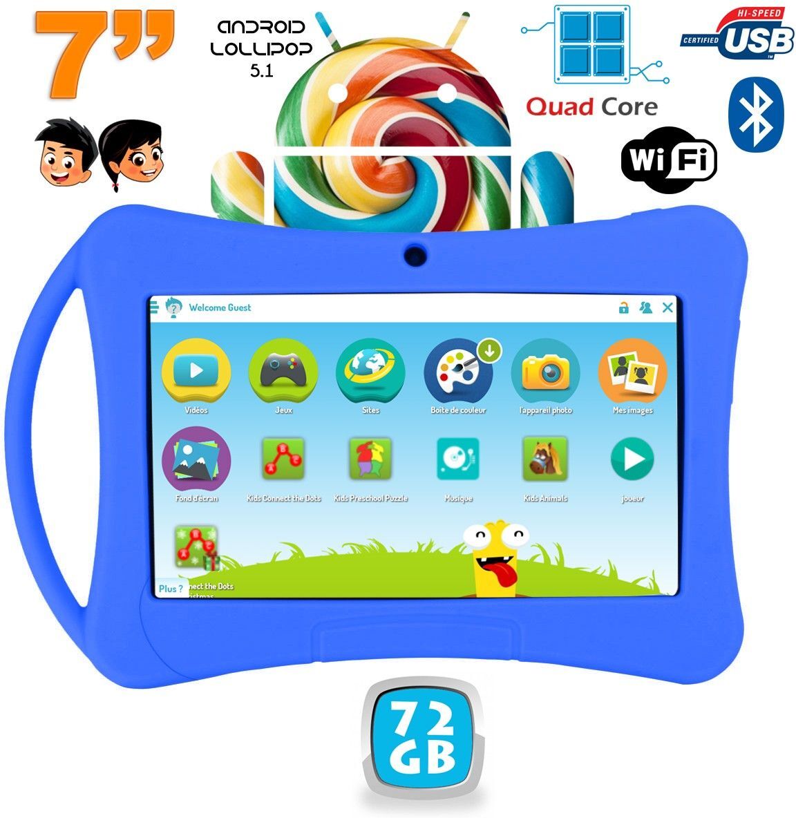 Tablette Enfant 7 Pouces Android 5.1 Lollipop Bluetooth Playstore Wifi Bleu 72Gb - YONIS