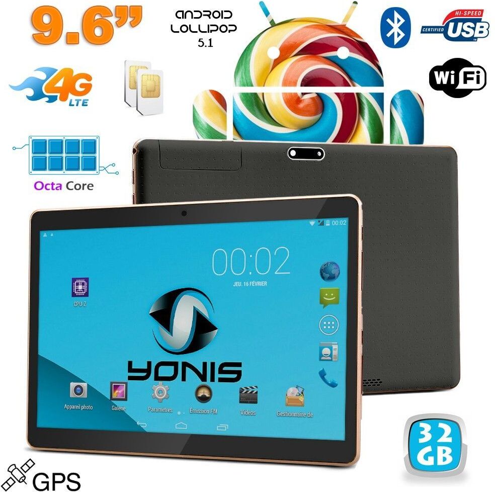 Tablette 4G 9.6 Pouce Android Lollipop Octa Core 2Go Ram Bluetooth GPS 32Go Noir YONIS