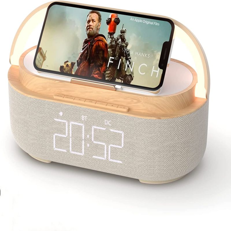 Réveil numérique avec haut-parleur Bluetooth,radio,chargeur sans fil,Snooze,affichage LED,Samsung,Xiaomi,Huawei,charge rapide 30W - Type Wood